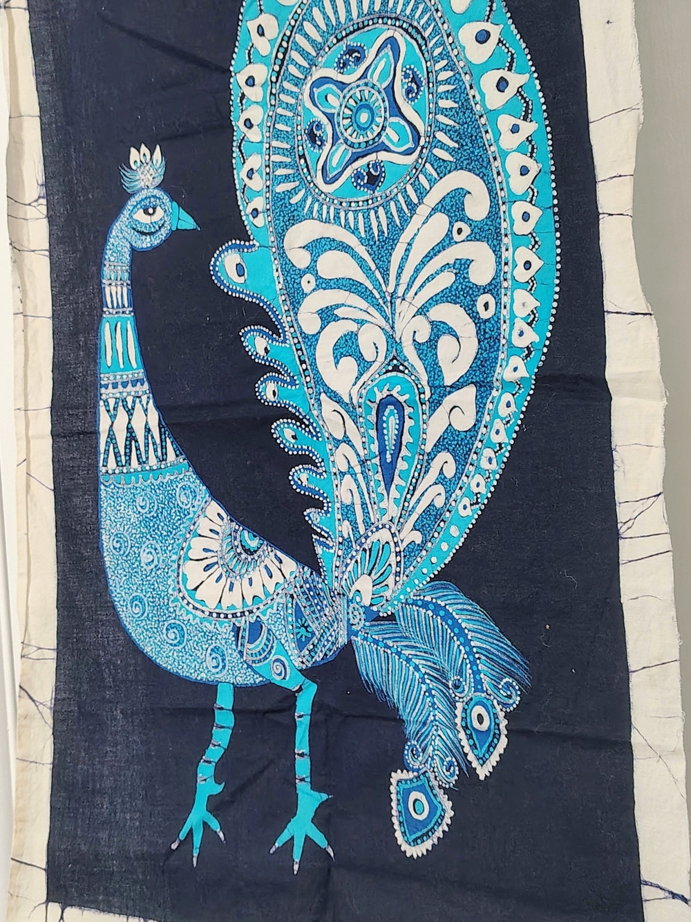 Blue Peacock On Black Batik Painting Fabric Wall Art Tapestry Vintage 16.5"x27"